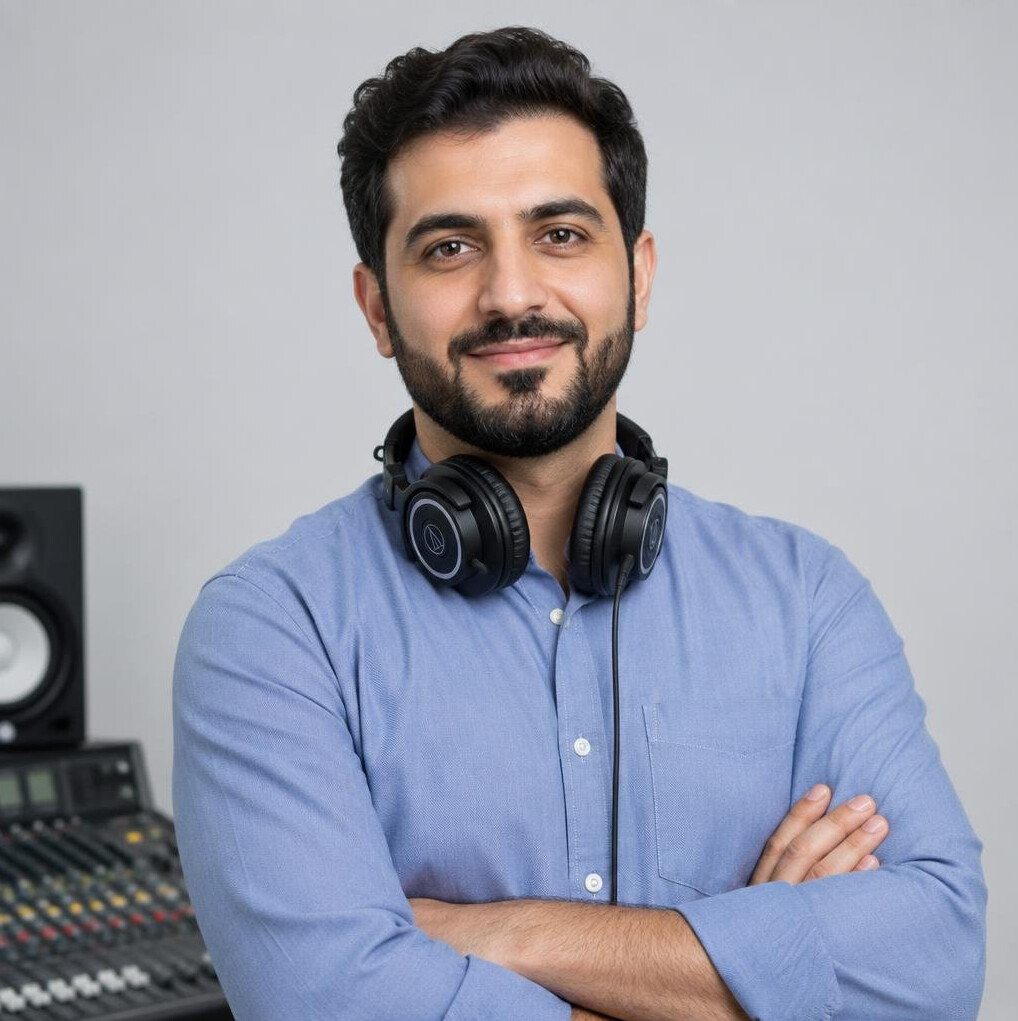 Portrait d'un homme ingenieur du son souriant en tenue professionnelle