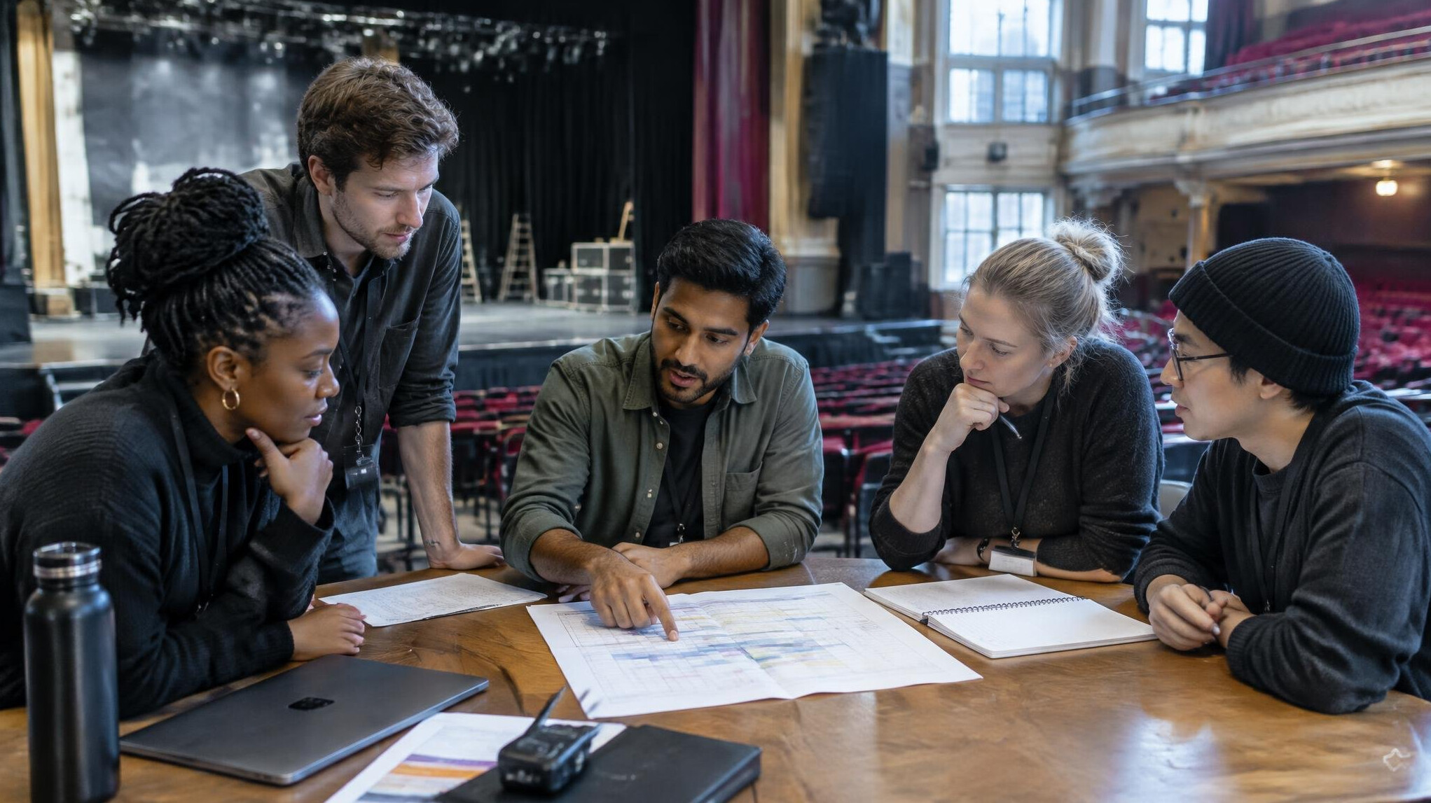 Equipe de production reunie autour d'une table pour planifier le deroule d'un spectacle