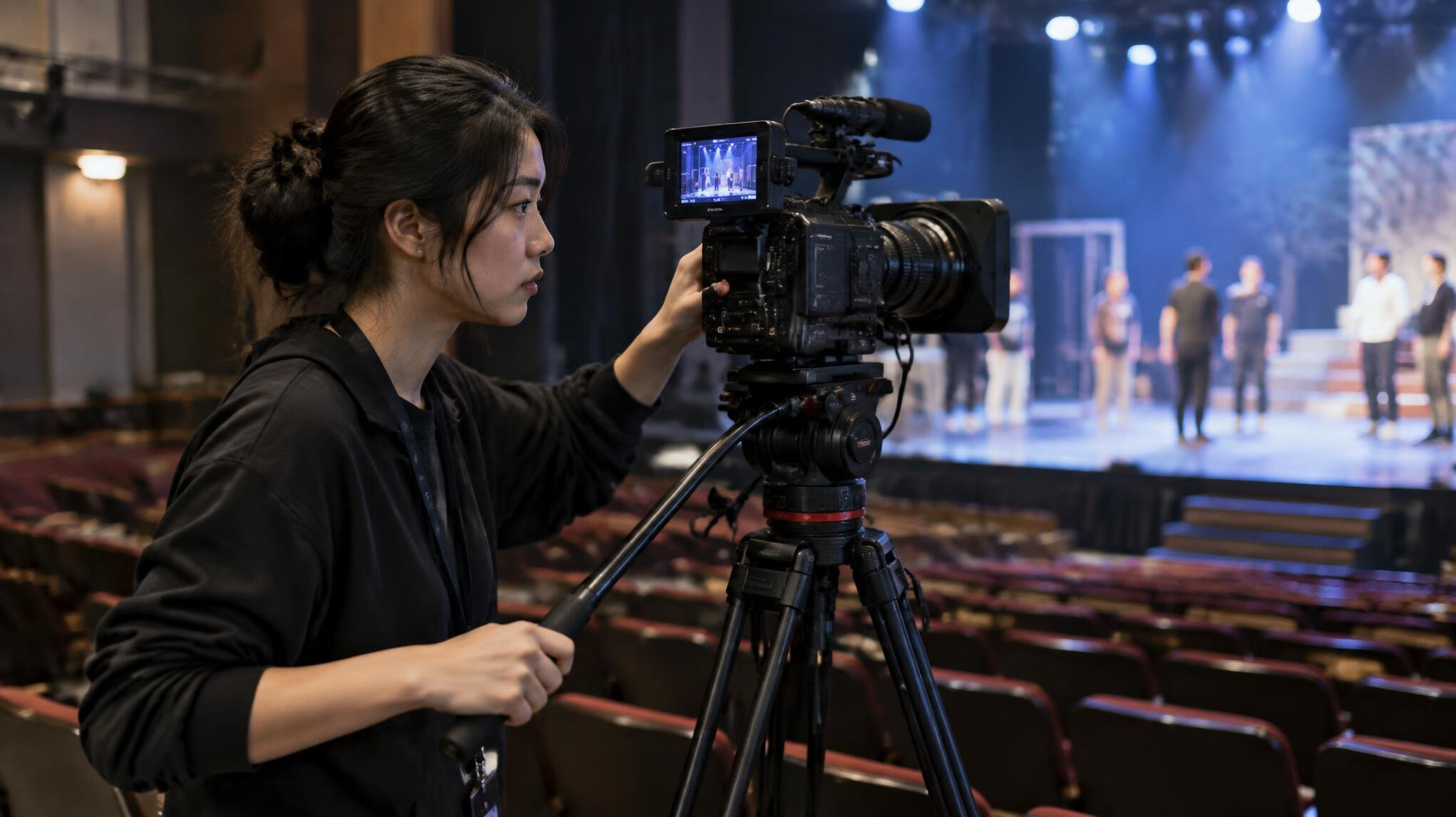 Camerawoman positionnant sa camera sur pied face a une scene pendant une repetition