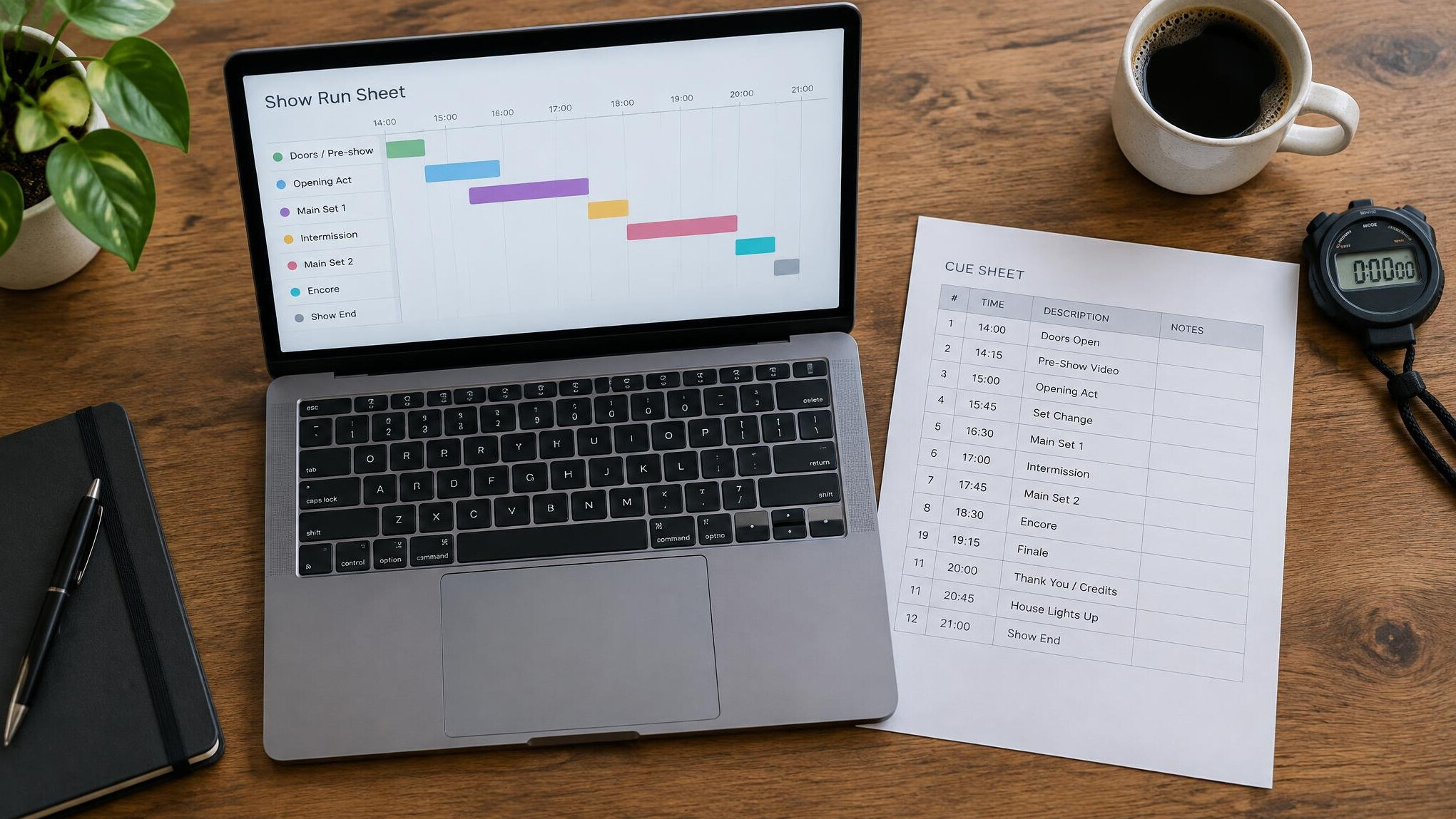 Feuille de conduite et ordinateur portable sur un bureau de regie pour suivre le deroule du spectacle