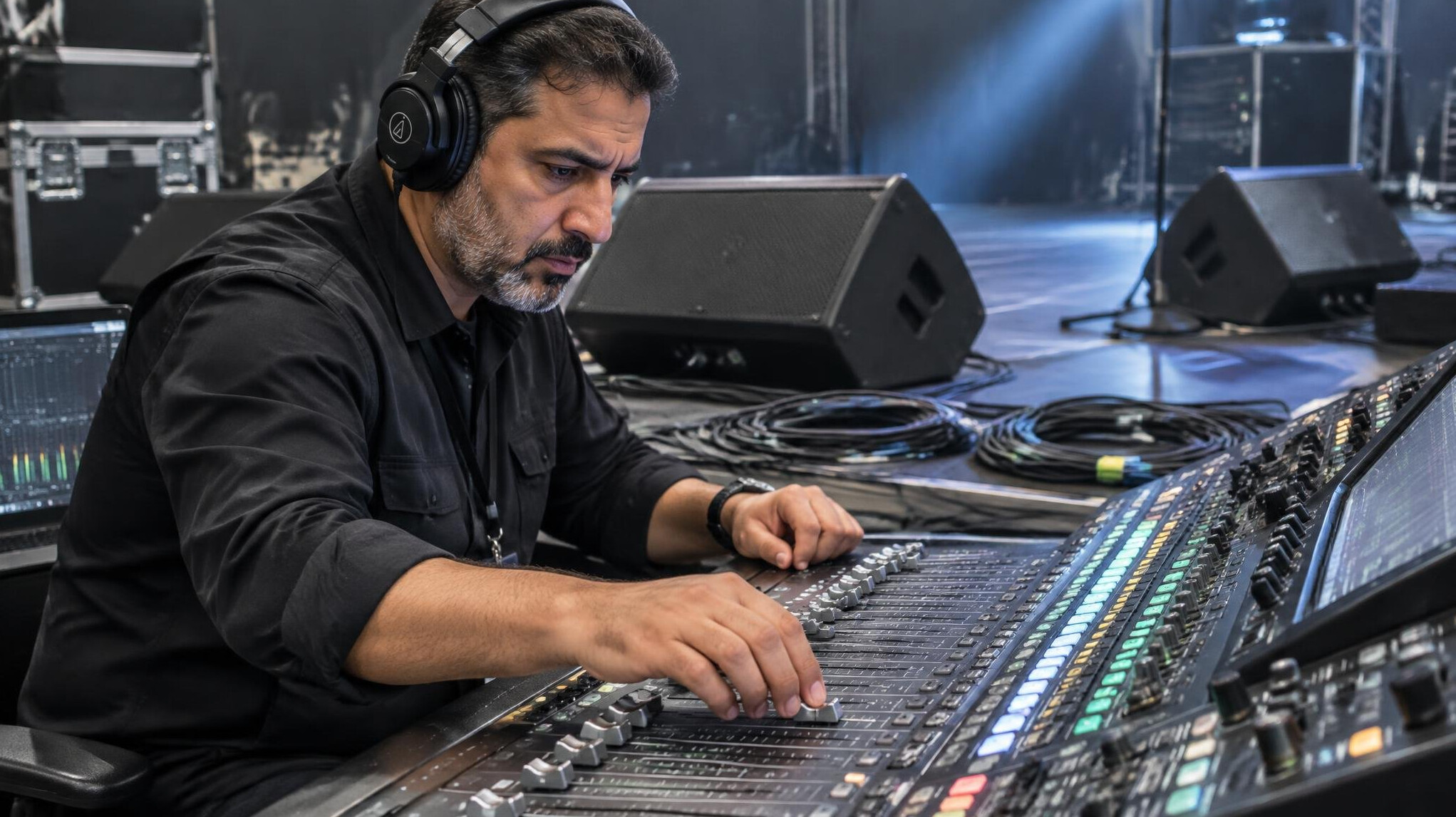 Ingenieur du son effectuant une verification sonore sur une console de mixage