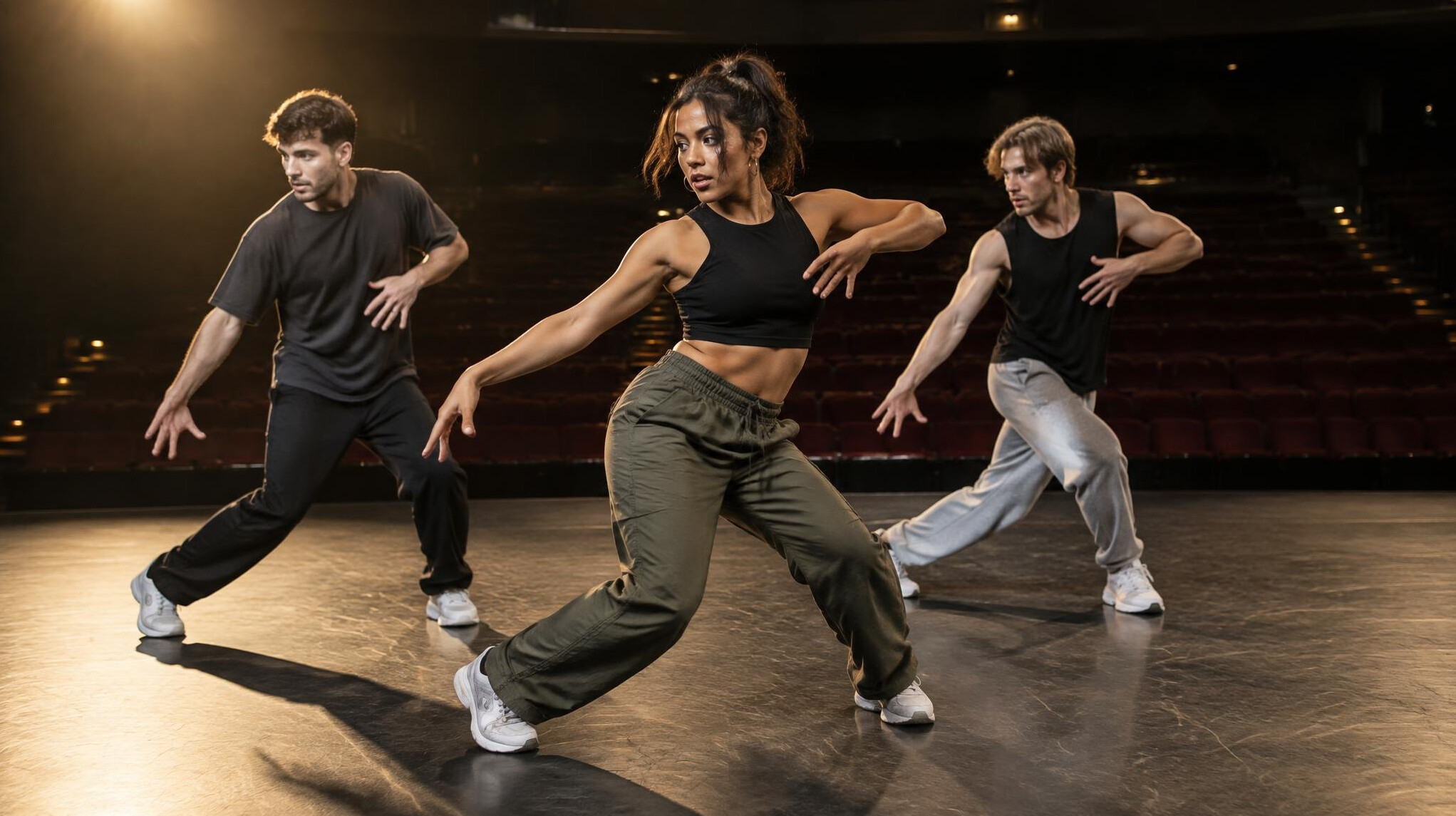 Artistes en repetition sur une scene eclairee avant la representation