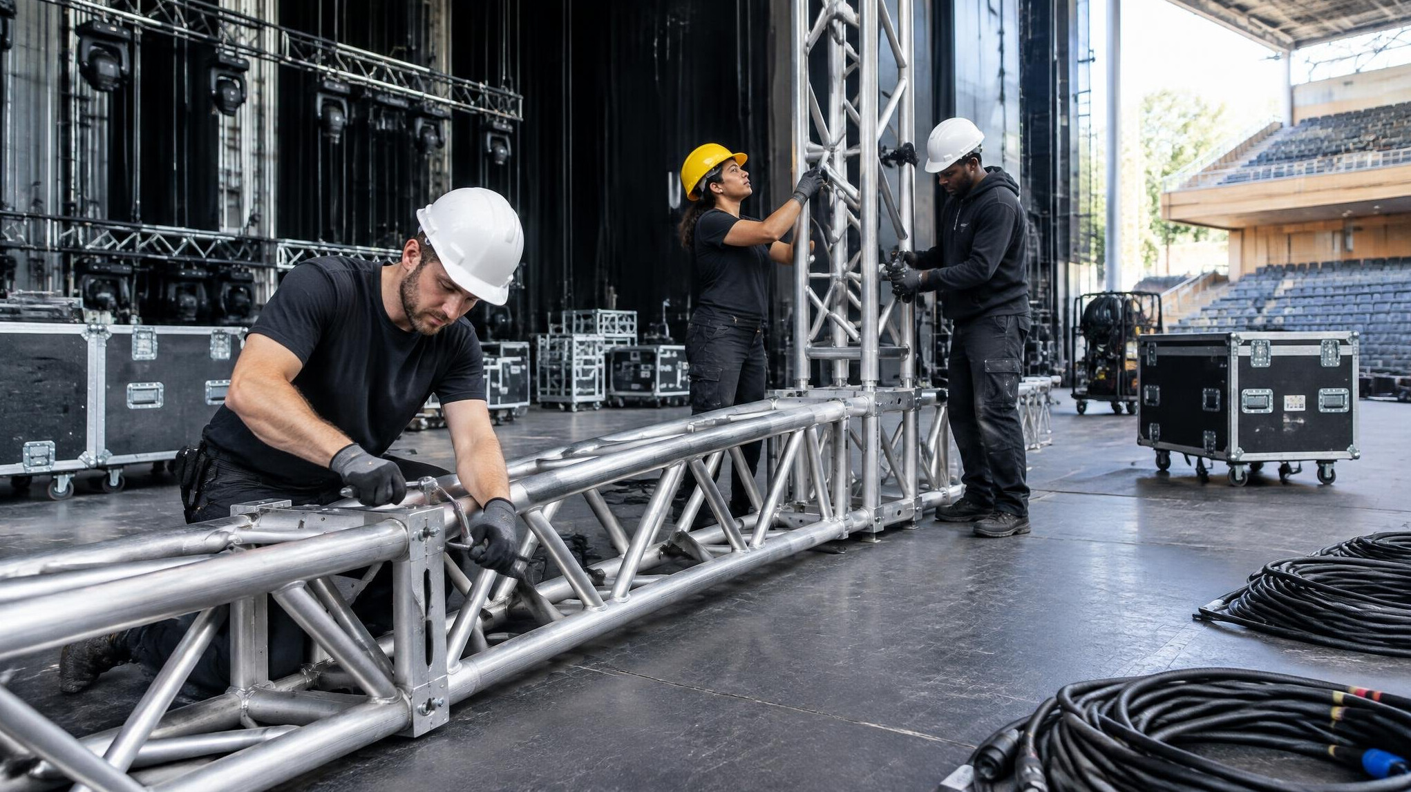 Equipe technique installant la structure et le rigging sur une scene avant un spectacle