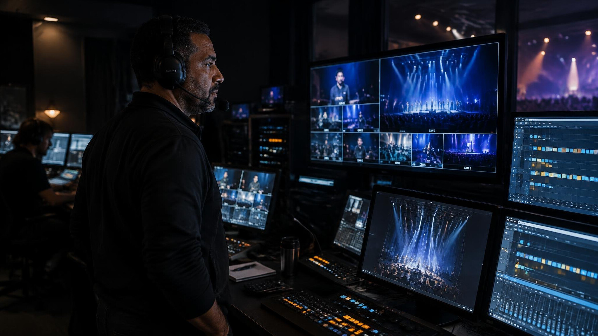 Regisseur de plateau supervisant des ecrans de camera et de lumiere en regie