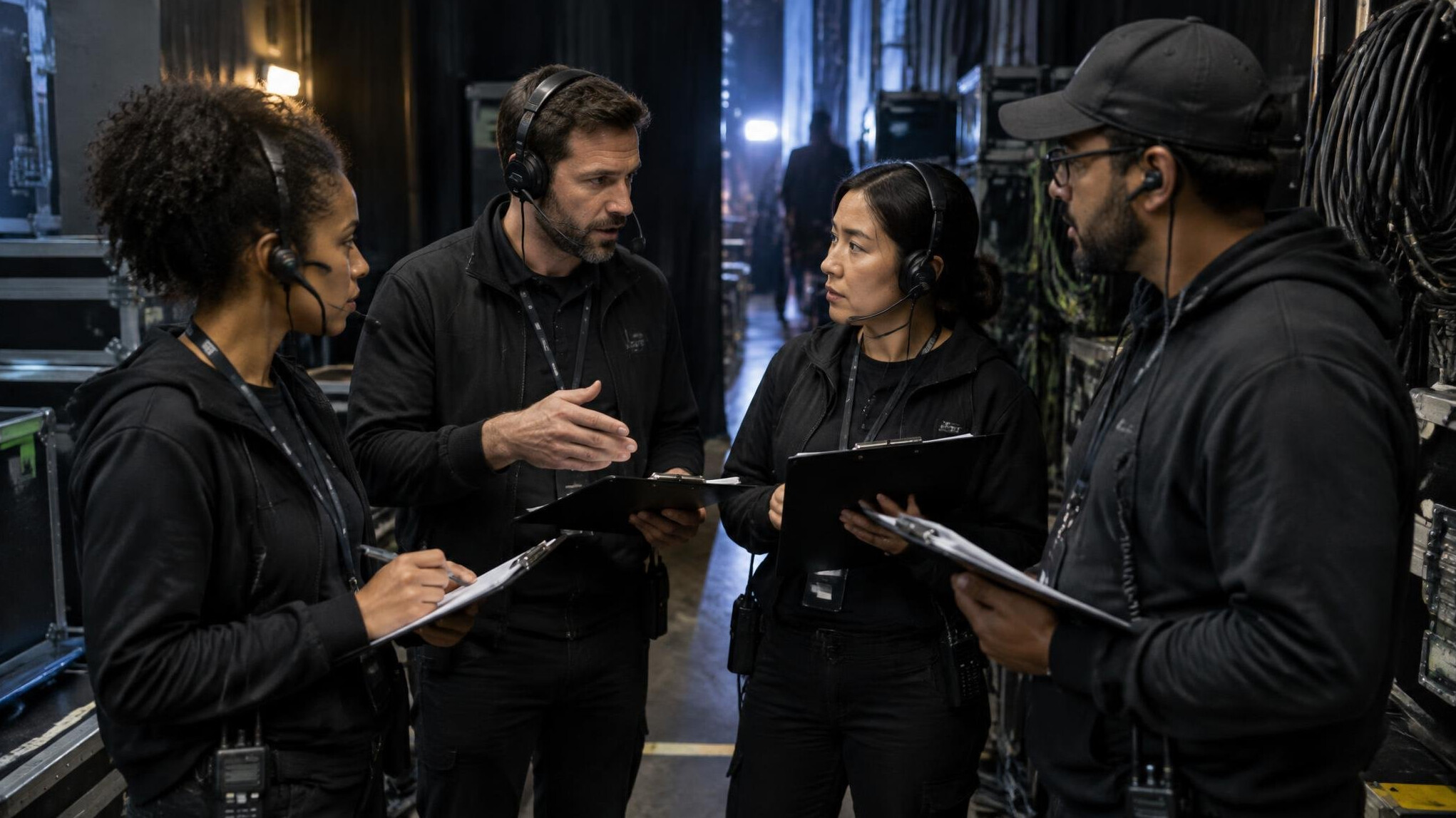 Equipe de production coordonnant les operations en coulisses avec des talkies-walkies