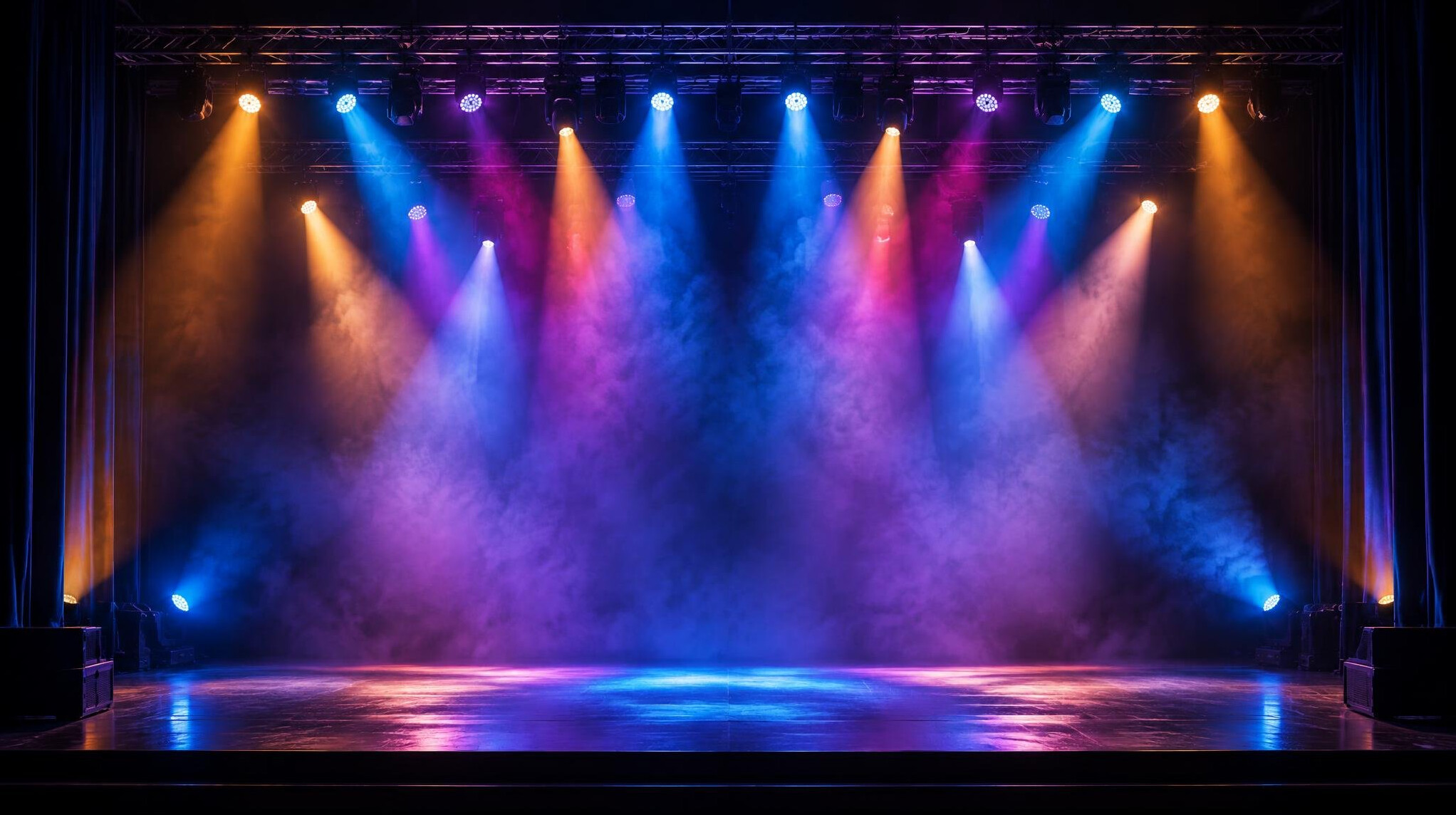 Vue large d'une scene vide avec structure d'eclairage prete pour un spectacle