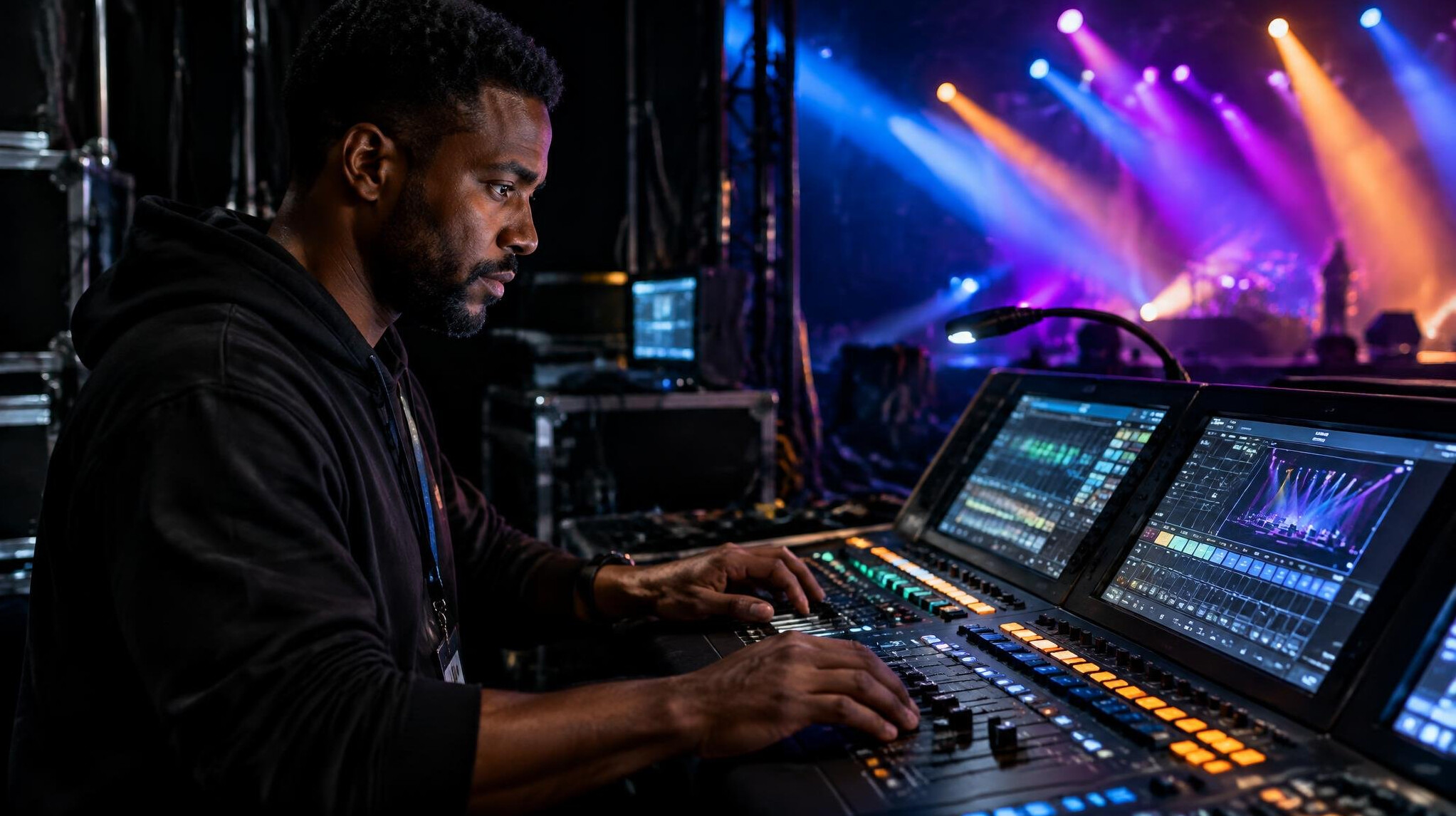 Technicien lumiere devant une console de pilotage avec des projecteurs colores sur scene